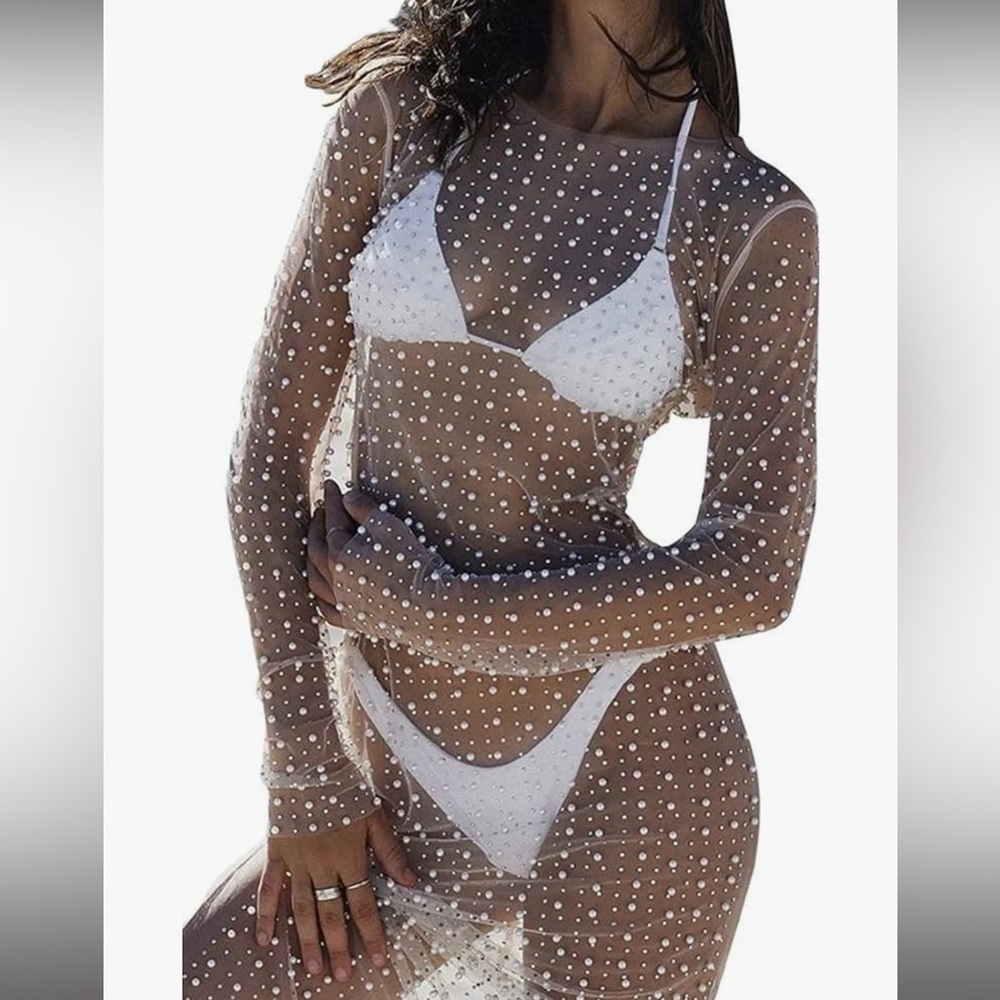 Willow Dance Women's Sheer Mesh Pearl Rhinestone Cover Up Beach Dress Swimwear